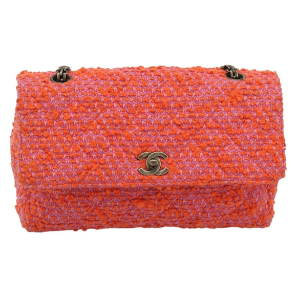 CHANEL Matelasse 25 Chain Shoulder Bag Tweed Orange Gold Tone CC Auth BA14597SAM