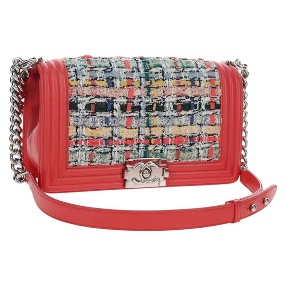 CHANEL Boy Chanel 25 Chain Shoulder Bag Tweed Pink Silver CC Auth BA14598SAM