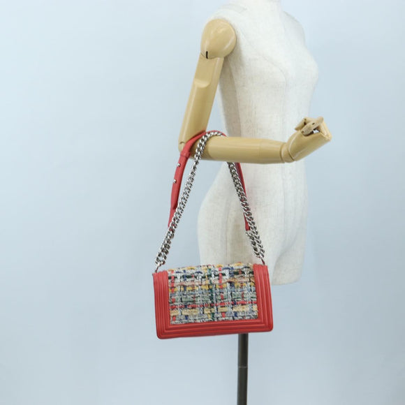 CHANEL Boy Chanel 25 Chain Shoulder Bag Tweed Pink Silver CC Auth BA14598SAM