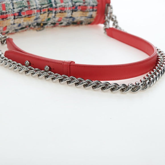 CHANEL Boy Chanel 25 Chain Shoulder Bag Tweed Pink Silver CC Auth BA14598SAM