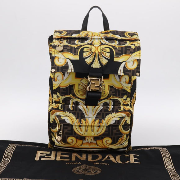 FENDI FENDACE ZUCCA Backpack Nylon Brown Gold Tone 7VZ066 Auth BA14600SAM