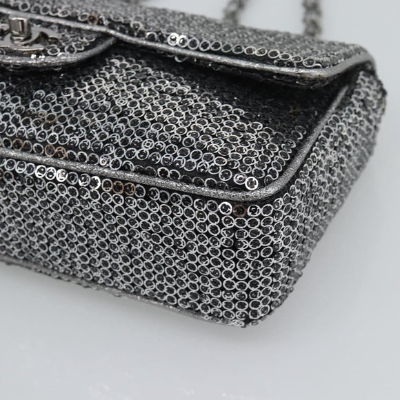 CHANEL Matelasse 25 Chain Shoulder Bag Sequin Silver CC Auth BA14607SM