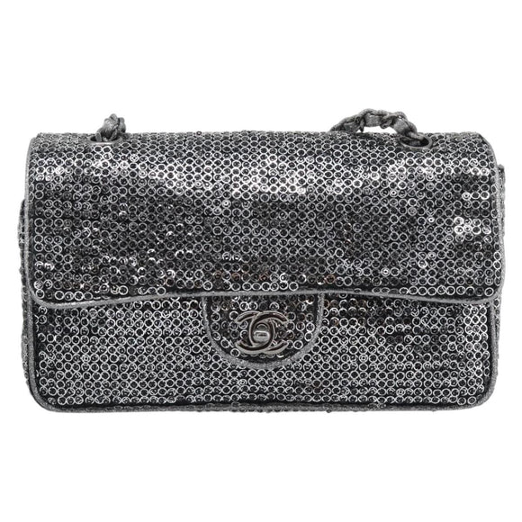 CHANEL Matelasse 25 Chain Shoulder Bag Sequin Silver CC Auth BA14607SM