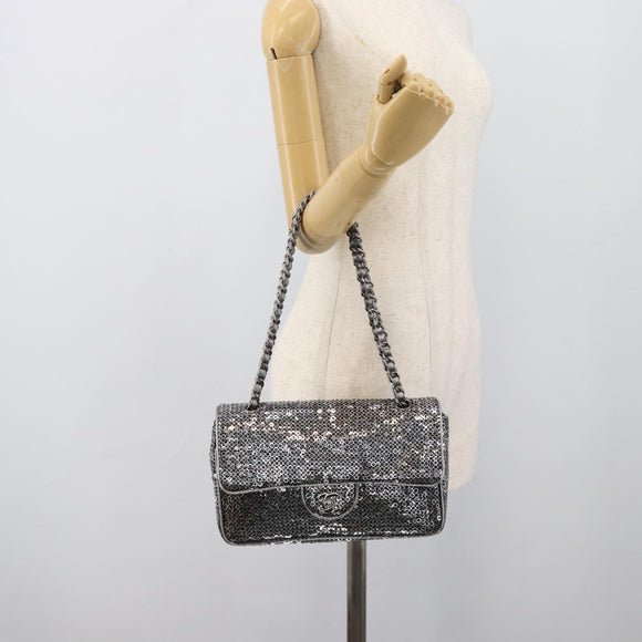 CHANEL Matelasse 25 Chain Shoulder Bag Sequin Silver CC Auth BA14607SM