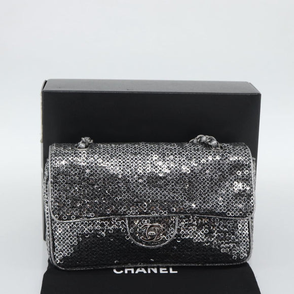 CHANEL Matelasse 25 Chain Shoulder Bag Sequin Silver CC Auth BA14607SM