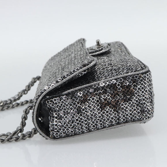 CHANEL Matelasse 25 Chain Shoulder Bag Sequin Silver CC Auth BA14607SM