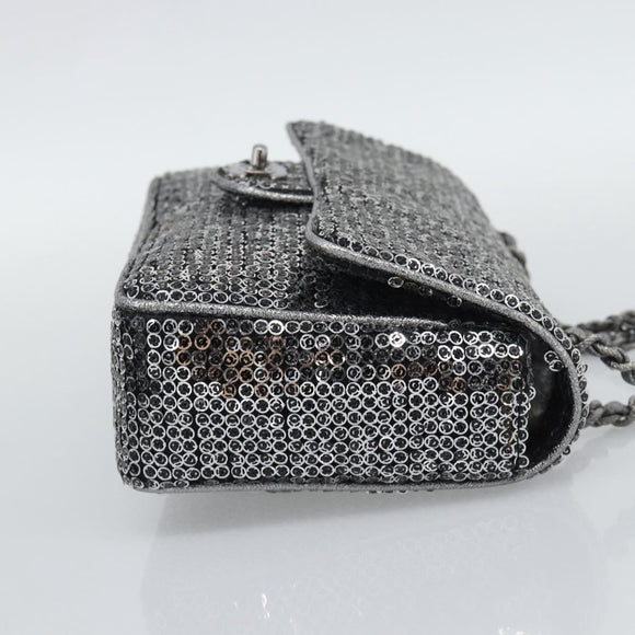 CHANEL Matelasse 25 Chain Shoulder Bag Sequin Silver CC Auth BA14607SM