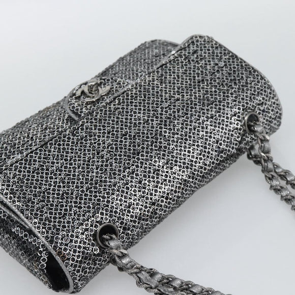 CHANEL Matelasse 25 Chain Shoulder Bag Sequin Silver CC Auth BA14607SM