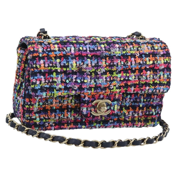 CHANEL Matelasse 20 Chain Shoulder Bag Tweed Multicolor Gold CC Auth BA14608SM