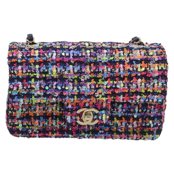 CHANEL Matelasse 20 Chain Shoulder Bag Tweed Multicolor Gold CC Auth BA14608SM