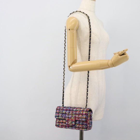 CHANEL Matelasse 20 Chain Shoulder Bag Tweed Multicolor Gold CC Auth BA14608SM
