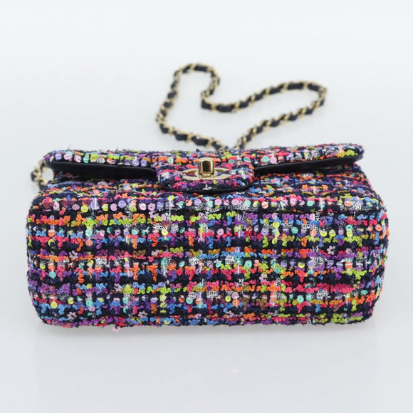 CHANEL Matelasse 20 Chain Shoulder Bag Tweed Multicolor Gold CC Auth BA14608SM
