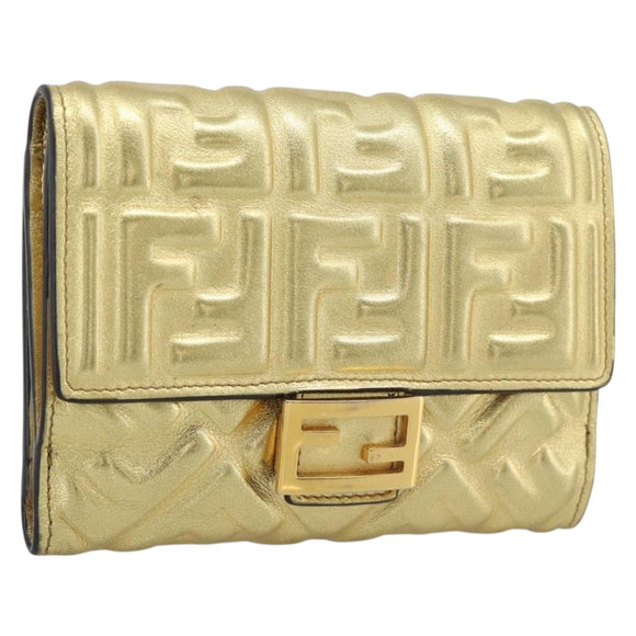 FENDI Zucca Mamma Bifold Wallet Leather Gold Tone 8M0419 Auth BA14623A