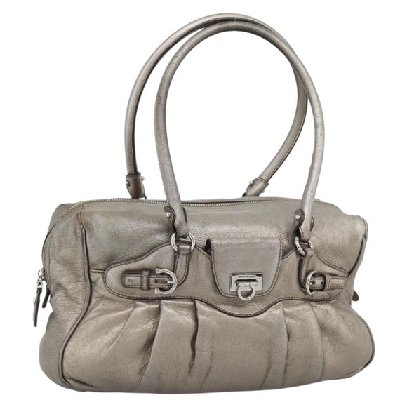 Salvatore Ferragamo Gancini Hand Bag Leather Champagne Gold Silver Auth BA14633A