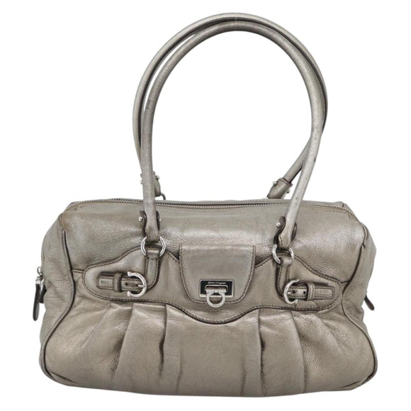 Salvatore Ferragamo Gancini Hand Bag Leather Champagne Gold Silver Auth BA14633A
