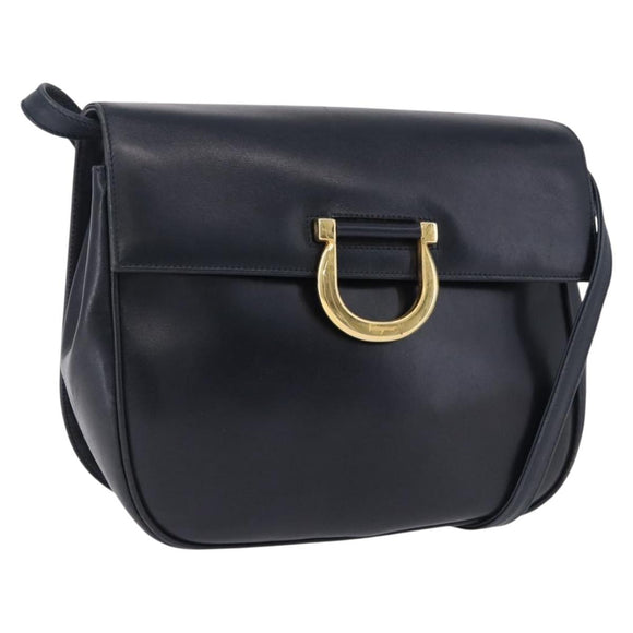 Salvatore Ferragamo Gancini Shoulder Bag Leather Navy Gold Tone Auth BA14636