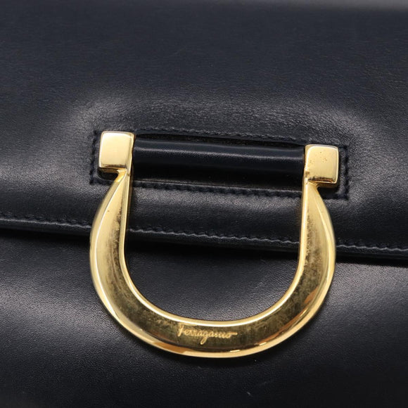 Salvatore Ferragamo Gancini Shoulder Bag Leather Navy Gold Tone Auth BA14636