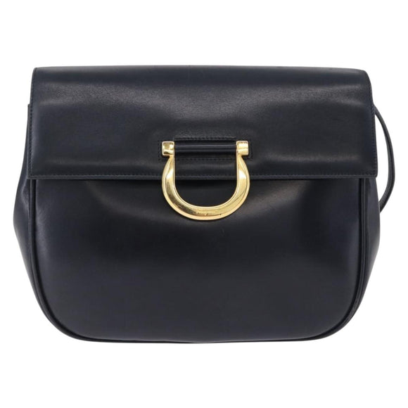 Salvatore Ferragamo Gancini Shoulder Bag Leather Navy Gold Tone Auth BA14636