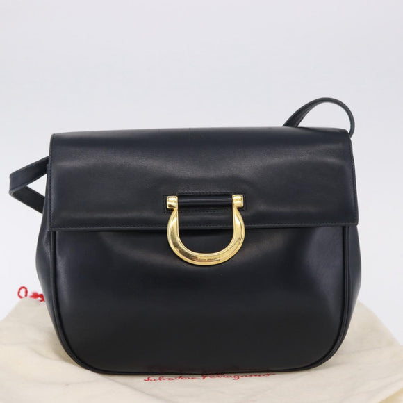 Salvatore Ferragamo Gancini Shoulder Bag Leather Navy Gold Tone Auth BA14636