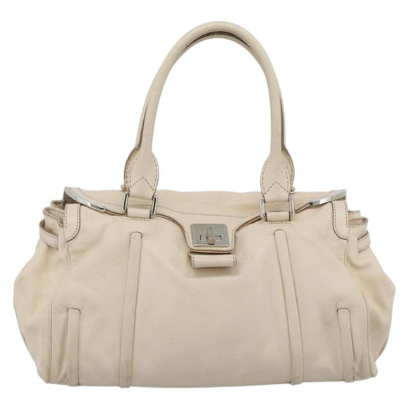 CELINE Hand Bag Leather Ivory Silver Auth BA14651
