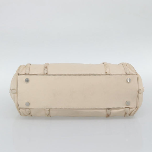 CELINE Hand Bag Leather Ivory Silver Auth BA14651