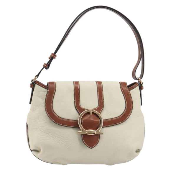Salvatore Ferragamo Gancini Shoulder Bag Leather White Gold Tone Auth BA14684