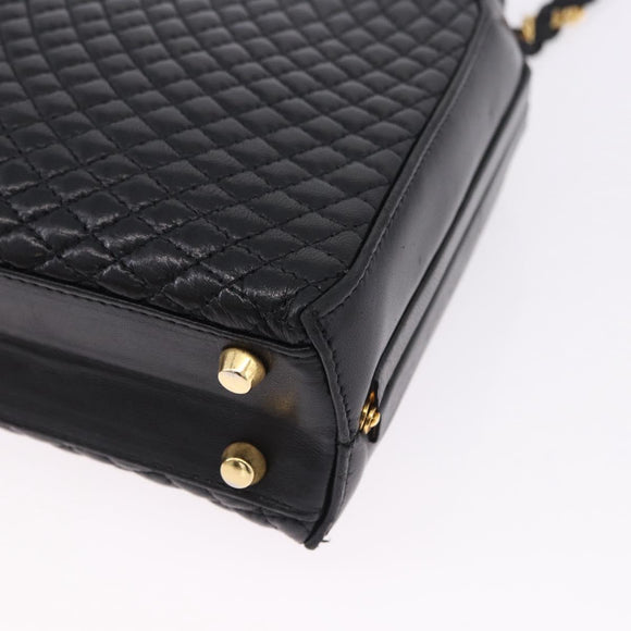 BALLY Hand Bag Leather 2way Black Gold Tone Auth BA14687A