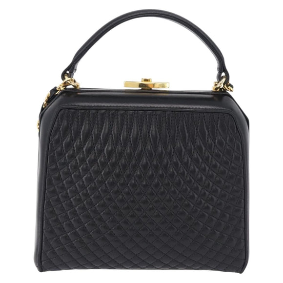 BALLY Hand Bag Leather 2way Black Gold Tone Auth BA14687A