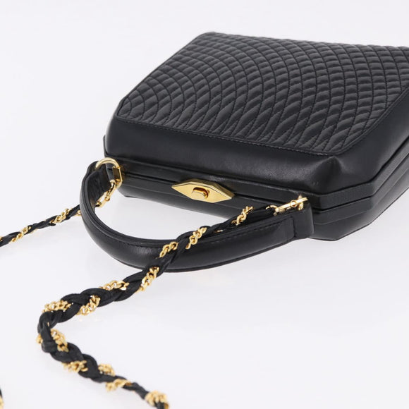 BALLY Hand Bag Leather 2way Black Gold Tone Auth BA14687A
