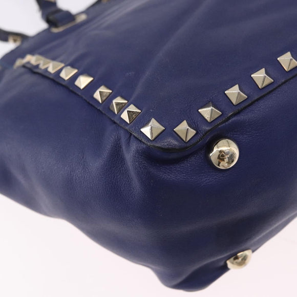 VALENTINO Studs Tote Bag Leather 2way Blue Gold Tone Auth BA14688