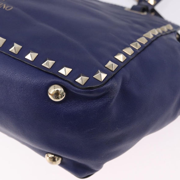 VALENTINO Studs Tote Bag Leather 2way Blue Gold Tone Auth BA14688