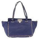 VALENTINO Studs Tote Bag Leather 2way Blue Gold Tone Auth BA14688-13