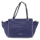 VALENTINO Studs Tote Bag Leather 2way Blue Gold Tone Auth BA14688-2