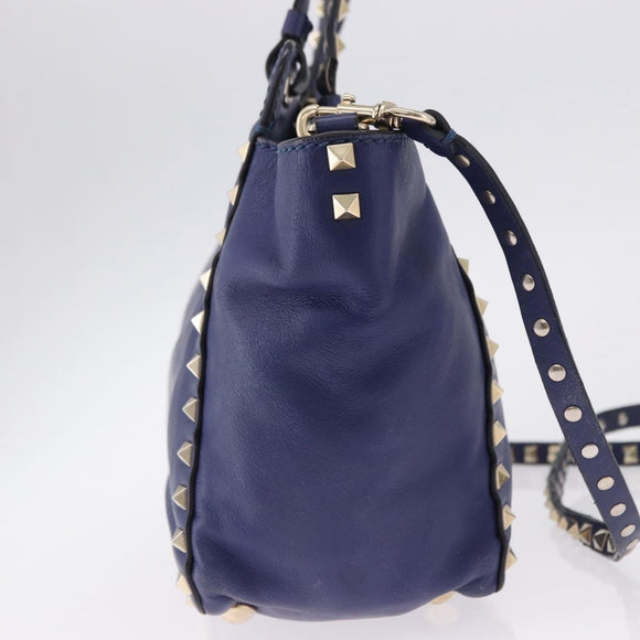 VALENTINO Studs Tote Bag Leather 2way Blue Gold Tone Auth BA14688
