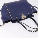 VALENTINO Studs Tote Bag Leather 2way Blue Gold Tone Auth BA14688-7