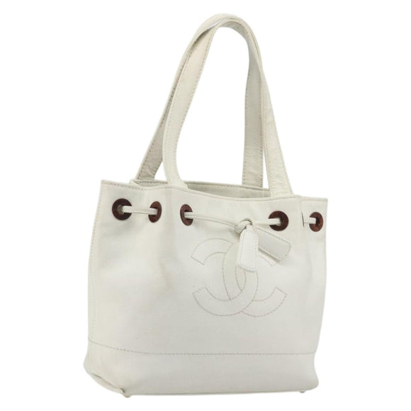 CHANEL Tote Bag Caviar Skin White Brown CC Auth BA14692
