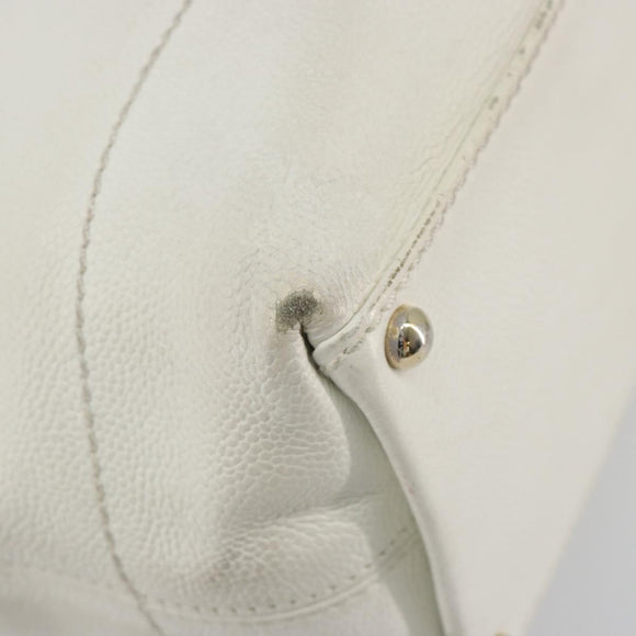 CHANEL Tote Bag Caviar Skin White Brown CC Auth BA14692