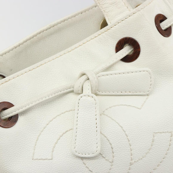CHANEL Tote Bag Caviar Skin White Brown CC Auth BA14692