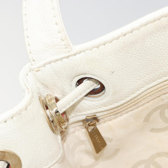 CHANEL Tote Bag Caviar Skin White Brown CC Auth BA14692