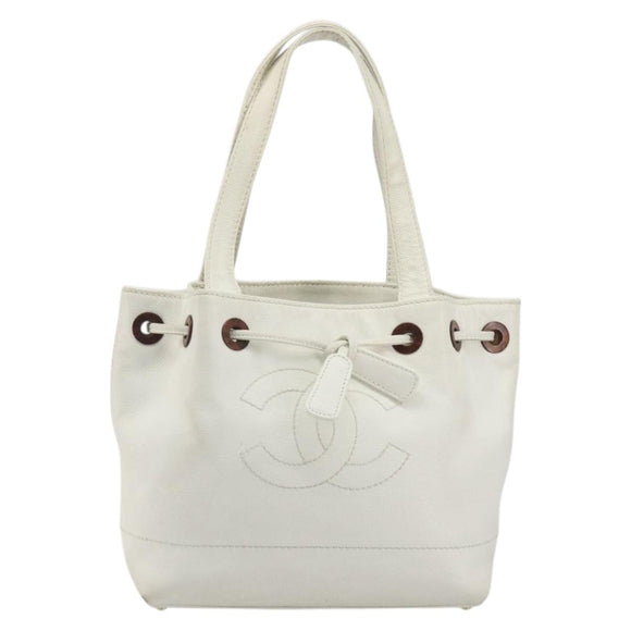 CHANEL Tote Bag Caviar Skin White Brown CC Auth BA14692