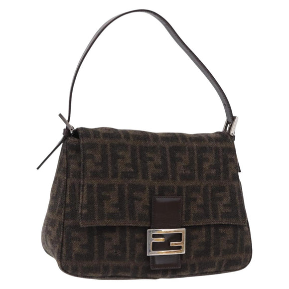 FENDI Zucca Mamma Baguette Shoulder Bag Wool Brown Silver Auth BA14700SAV