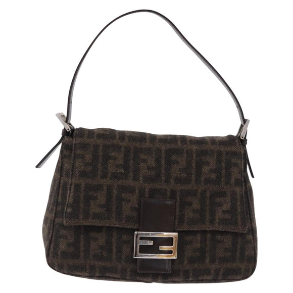 FENDI Zucca Mamma Baguette Shoulder Bag Wool Brown Silver Auth BA14700SAV