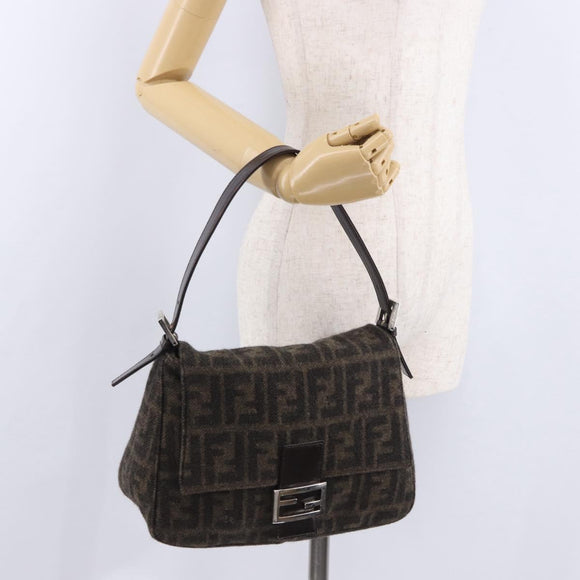 FENDI Zucca Mamma Baguette Shoulder Bag Wool Brown Silver Auth BA14700SAV