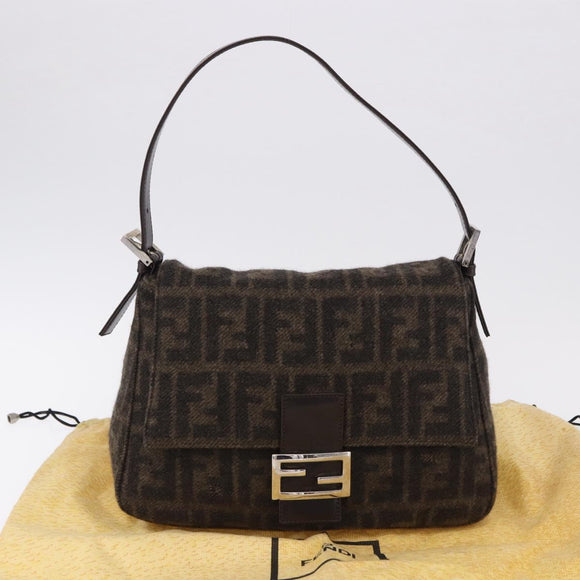 FENDI Zucca Mamma Baguette Shoulder Bag Wool Brown Silver Auth BA14700SAV