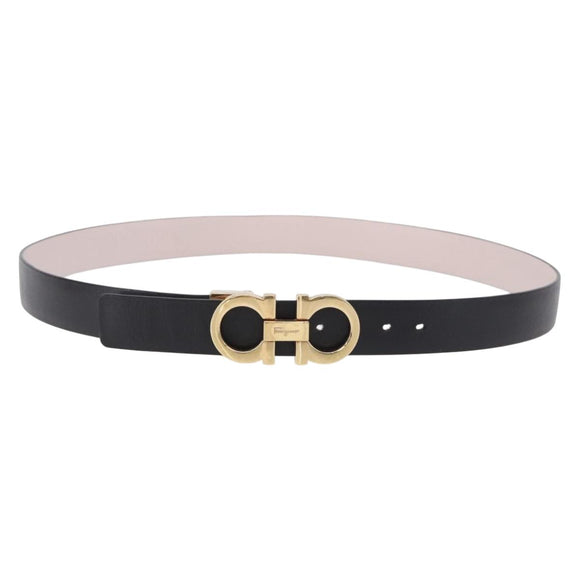 Salvatore Ferragamo Gancini Belt Leather Black Gold Tone Auth BA14708A