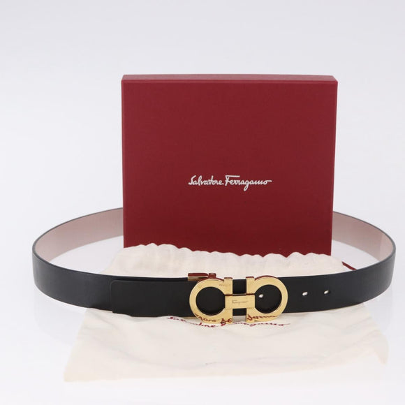 Salvatore Ferragamo Gancini Belt Leather Black Gold Tone Auth BA14708A