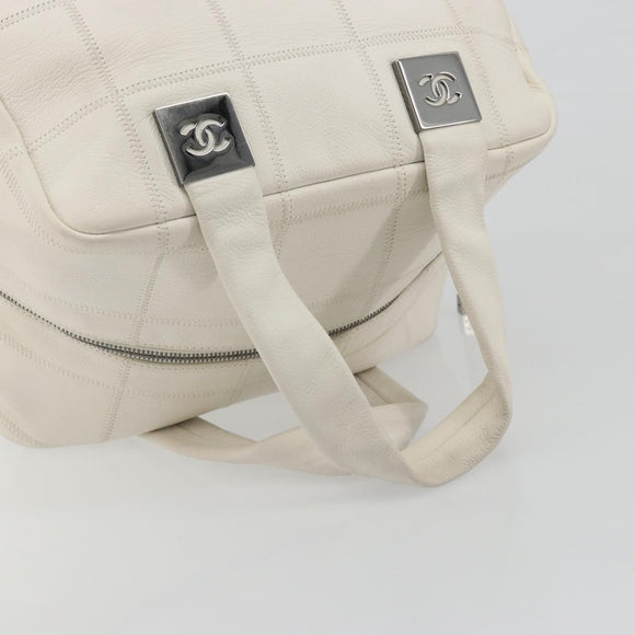 CHANEL Choco Bar Hand Bag Lamb Skin White Silver CC Auth BA14717A