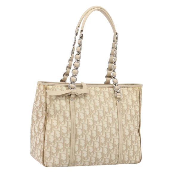 Christian Dior Romantic Chain Tote Bag PVC Leather Beige Silver Auth BA14725