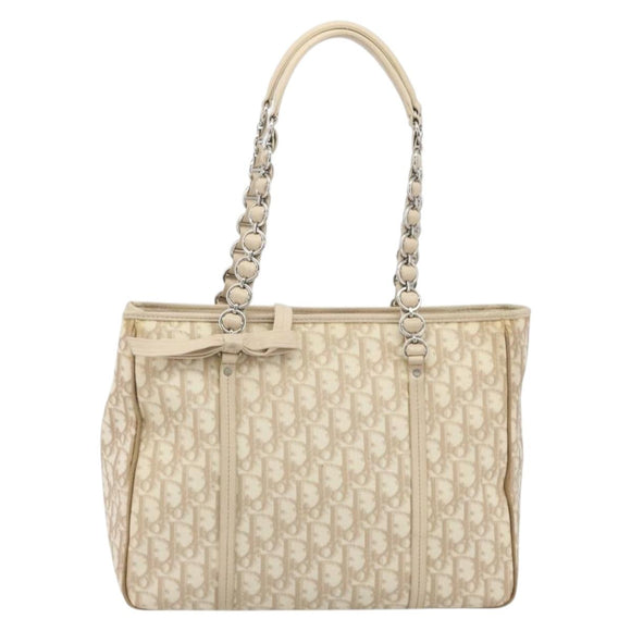 Christian Dior Romantic Chain Tote Bag PVC Leather Beige Silver Auth BA14725