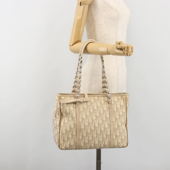Christian Dior Romantic Chain Tote Bag PVC Leather Beige Silver Auth BA14725